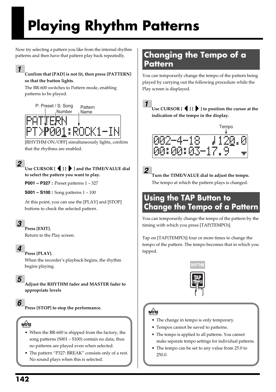 Playing rhythm patterns, Changing the tempo of a pattern, Playing rhythm patterns” (p. 142) | Boss Audio Systems BR-600 User Manual | Page 142 / 228