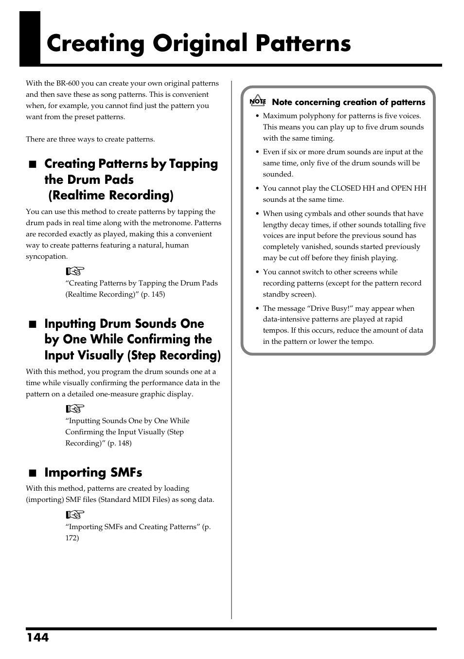 Creating original patterns, Importing smfs, Creating original patterns” (p. 144) | Boss Audio Systems BR-600 User Manual | Page 144 / 228