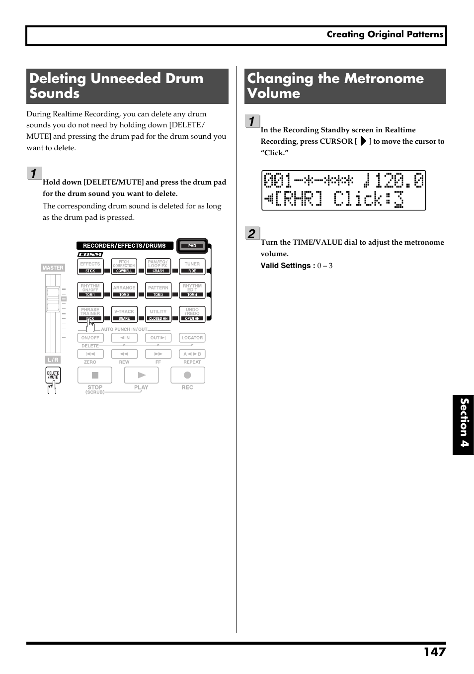 Deleting unneeded drum sounds, Changing the metronome volume, Deleting unneeded drum sounds” (p. 147) | Re v0.10 | Boss Audio Systems BR-600 User Manual | Page 147 / 228