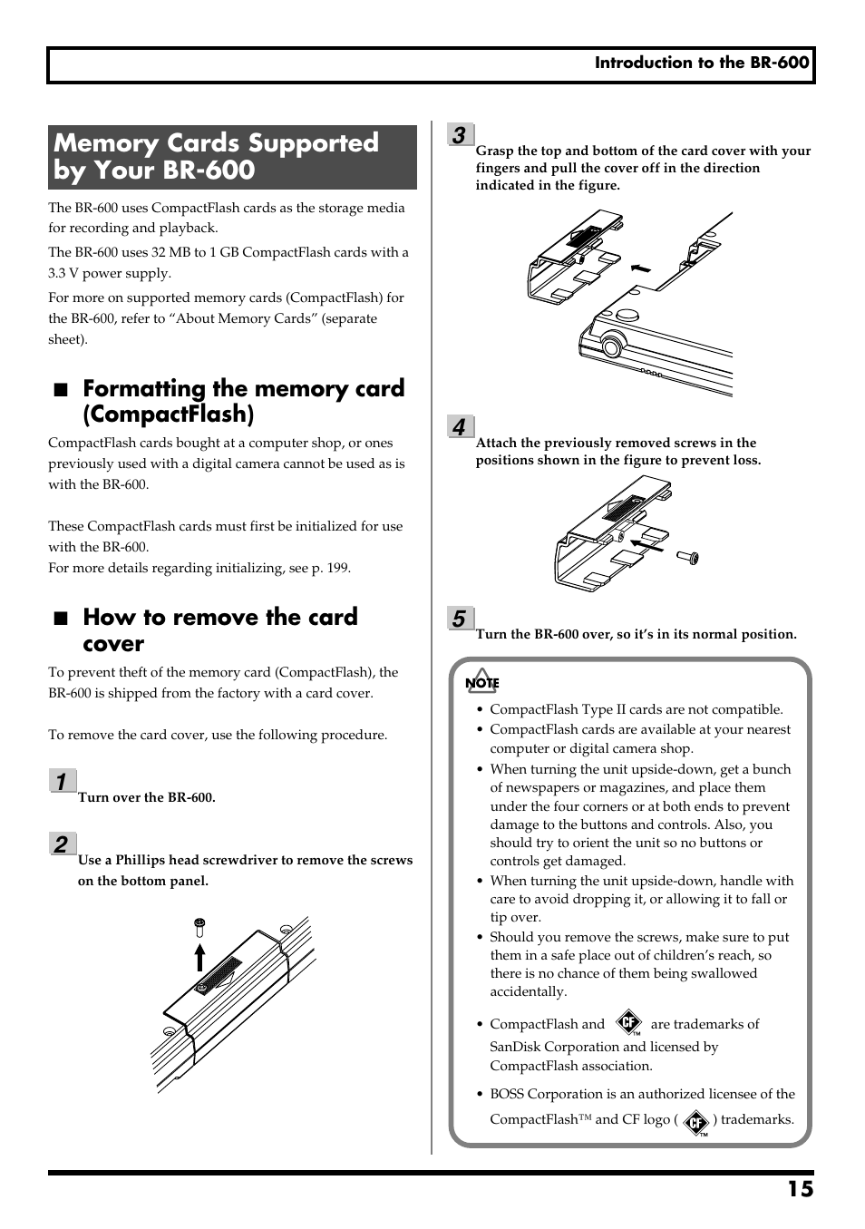 Memory cards supported by your br-600, Formatting the memory card (compactflash), How to remove the card cover | Re v0.10 | Boss Audio Systems BR-600 User Manual | Page 15 / 228