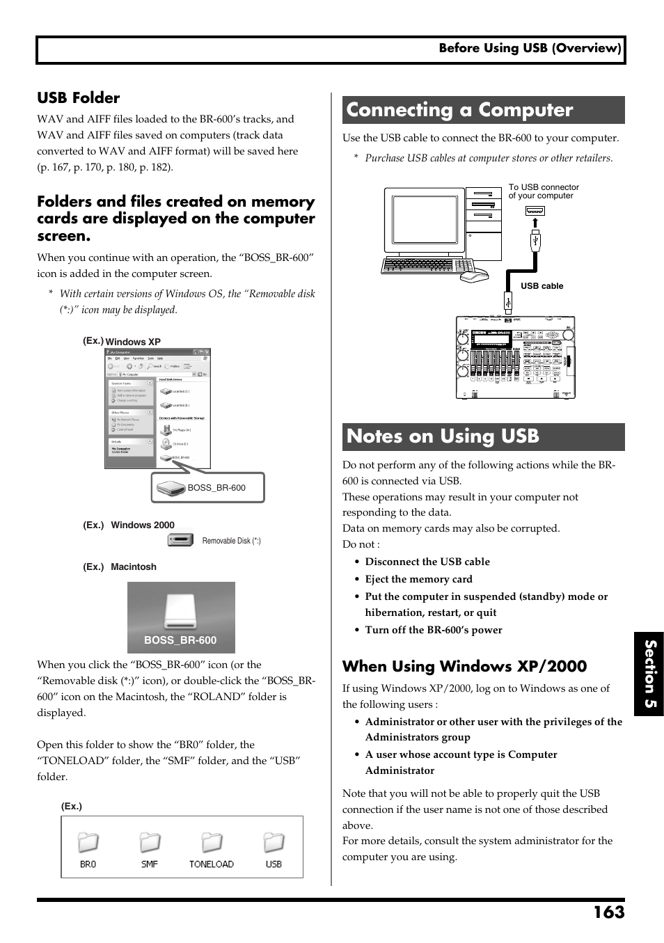 Connecting a computer, Notes on using usb, Connecting a computer notes on using usb | Re v0.10, When using windows xp/2000 | Boss Audio Systems BR-600 User Manual | Page 163 / 228