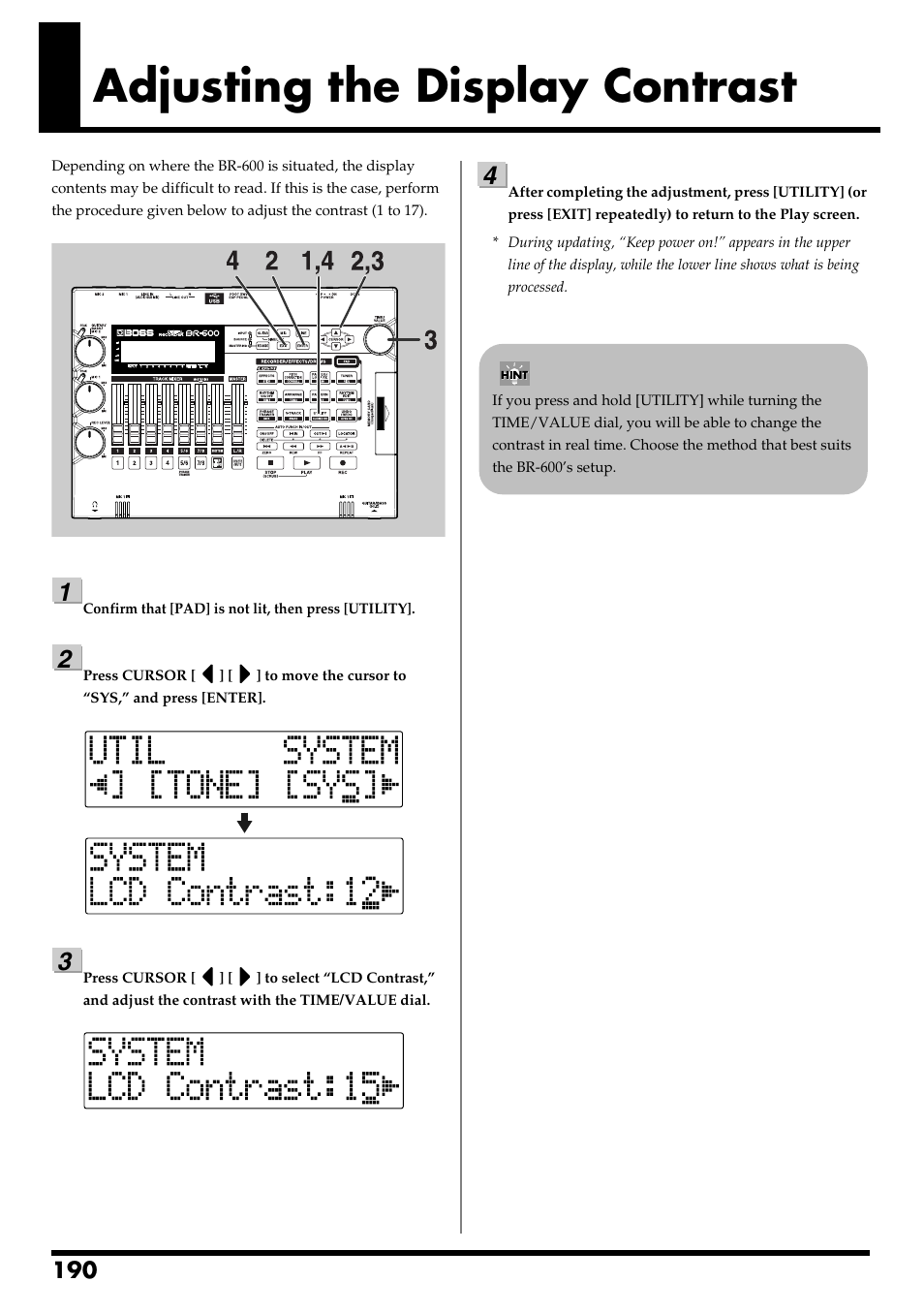 Adjusting the display contrast | Boss Audio Systems BR-600 User Manual | Page 190 / 228