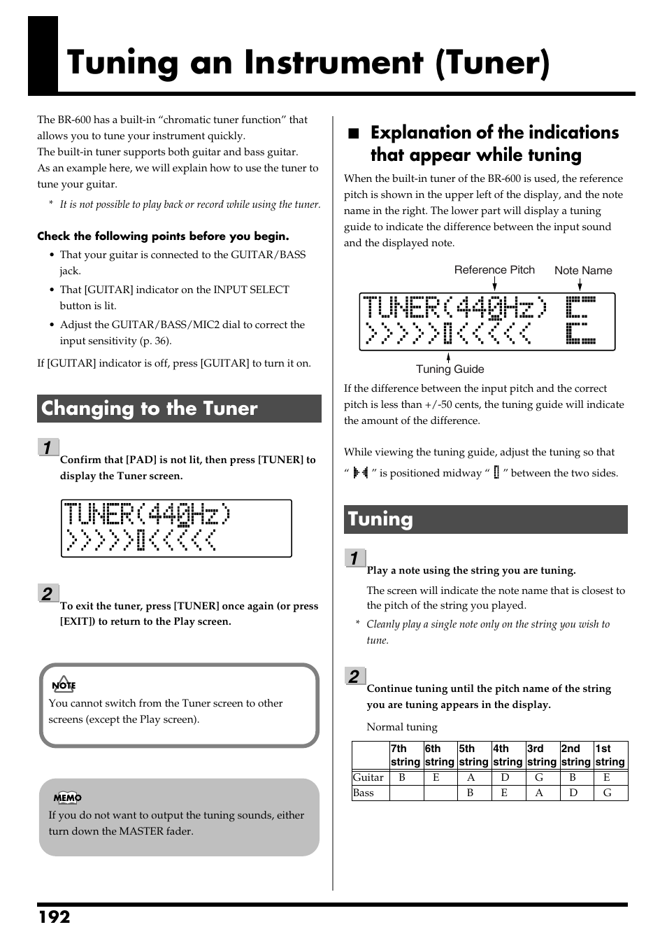 Tuning an instrument (tuner), Changing to the tuner, Tuning | Tuning an instrument (tuner)” (p. 192) | Boss Audio Systems BR-600 User Manual | Page 192 / 228
