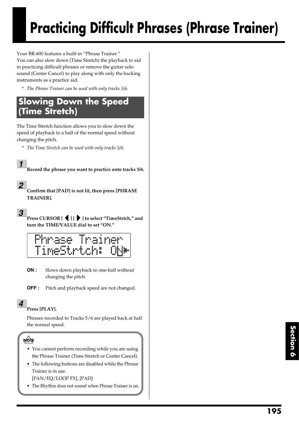 Practicing difficult phrases (phrase trainer), Slowing down the speed (time stretch), Slowing down the speed (time stretch)” (p. 195) | Boss Audio Systems BR-600 User Manual | Page 195 / 228