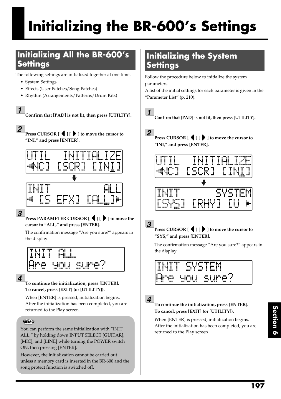 Initializing the br-600’s settings, Initializing all the br-600’s settings, Initializing the system settings | Boss Audio Systems BR-600 User Manual | Page 197 / 228