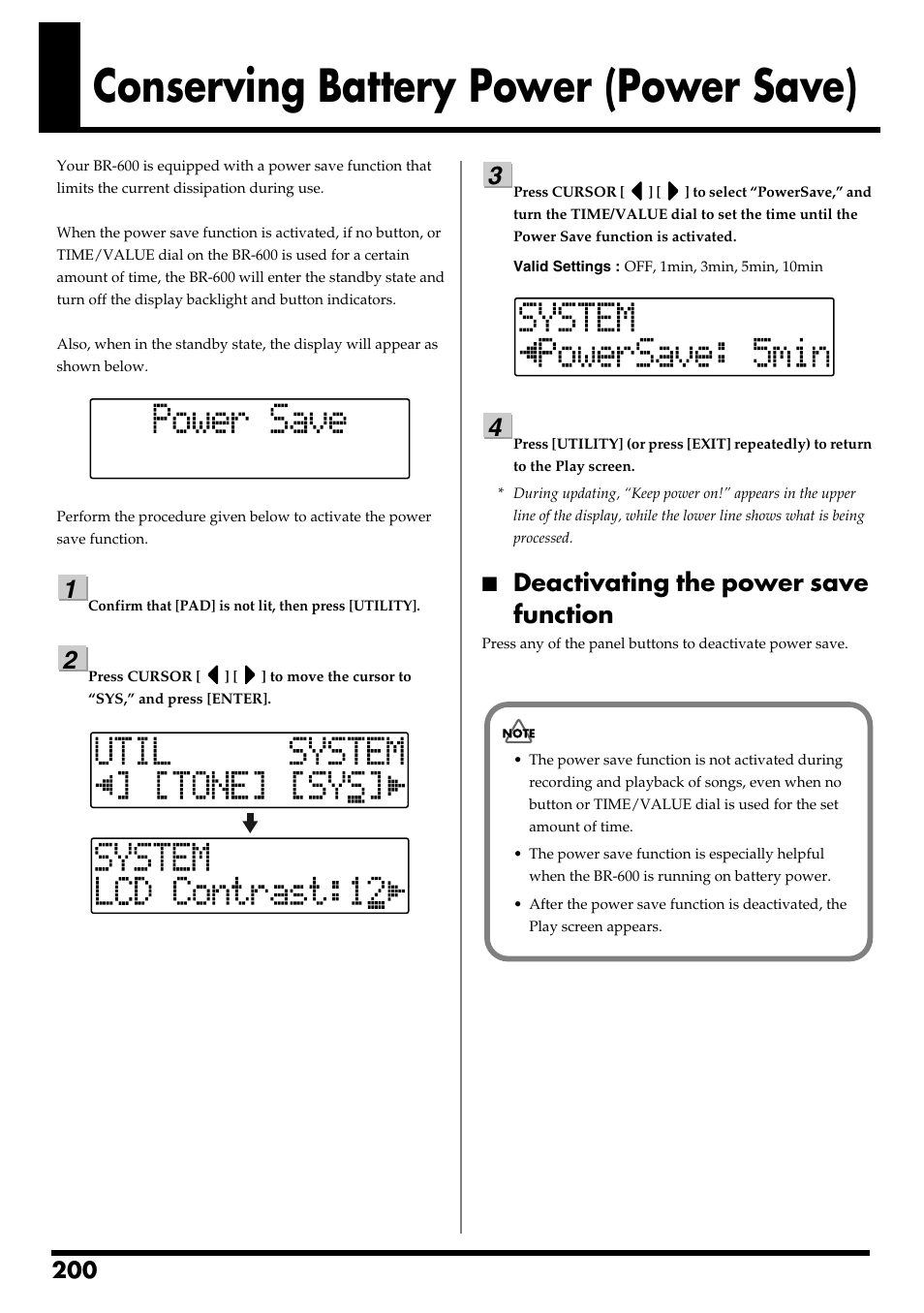 Conserving battery power (power save), Deactivating the power save function | Boss Audio Systems BR-600 User Manual | Page 200 / 228