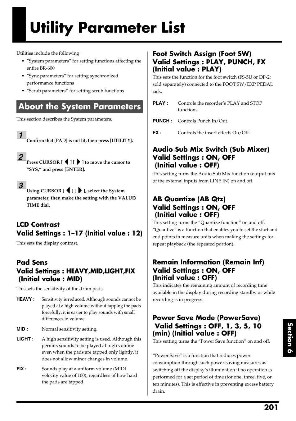 Utility parameter list, About the system parameters | Boss Audio Systems BR-600 User Manual | Page 201 / 228