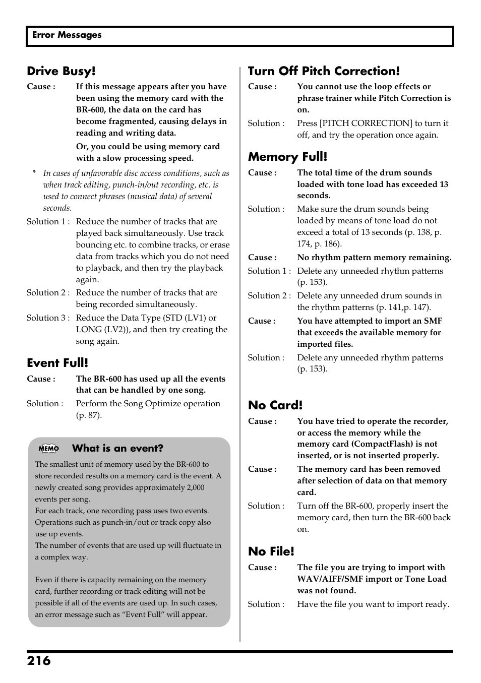 Re v0.10 drive busy, Event full, Turn off pitch correction | No card, No file | Boss Audio Systems BR-600 User Manual | Page 216 / 228