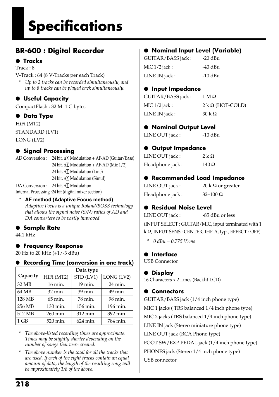 Specifications, Br-600 : digital recorder | Boss Audio Systems BR-600 User Manual | Page 218 / 228