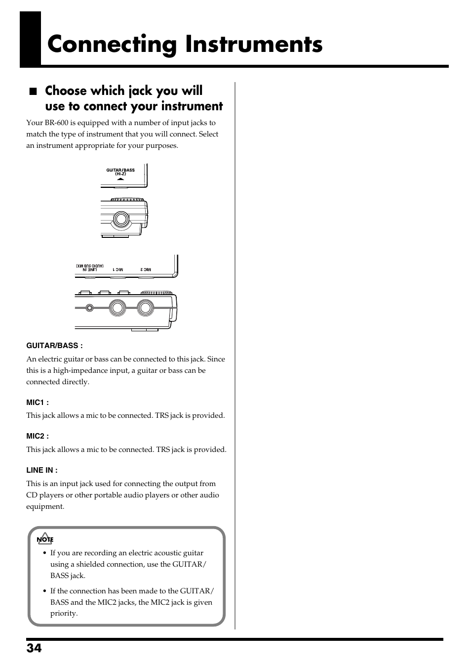 Connecting instruments, These jack allows a mic to be connected (p. 34), These jacks allow a mic to be connected (p. 34) | Boss Audio Systems BR-600 User Manual | Page 34 / 228