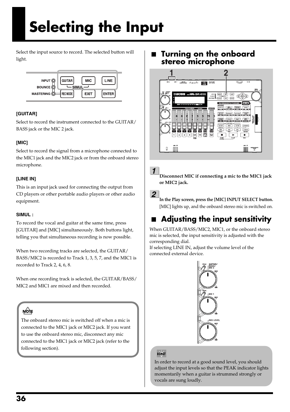 Selecting the input, Turning on the onboard stereo microphone, Adjusting the input sensitivity | Selecting the input” (p. 36) | Boss Audio Systems BR-600 User Manual | Page 36 / 228