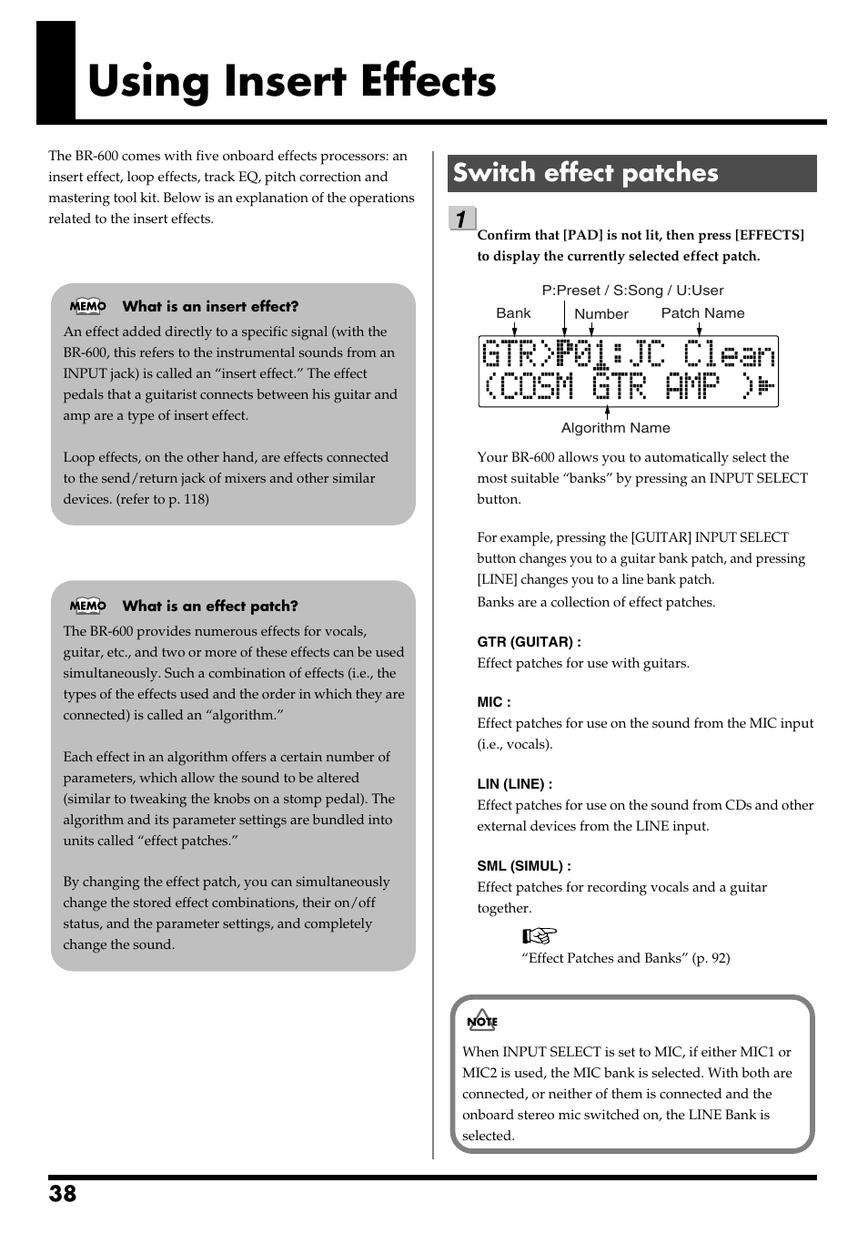 Using insert effects, Switch effect patches | Boss Audio Systems BR-600 User Manual | Page 38 / 228