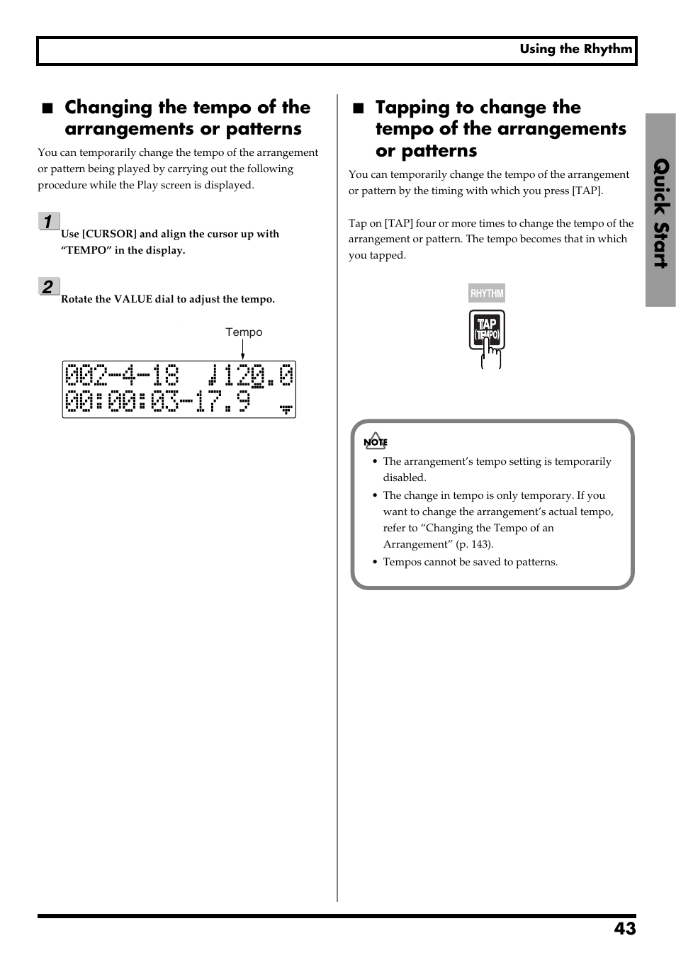 Changing the tempo of the arrangements or patterns, Quick start, Re v0.10 | Boss Audio Systems BR-600 User Manual | Page 43 / 228