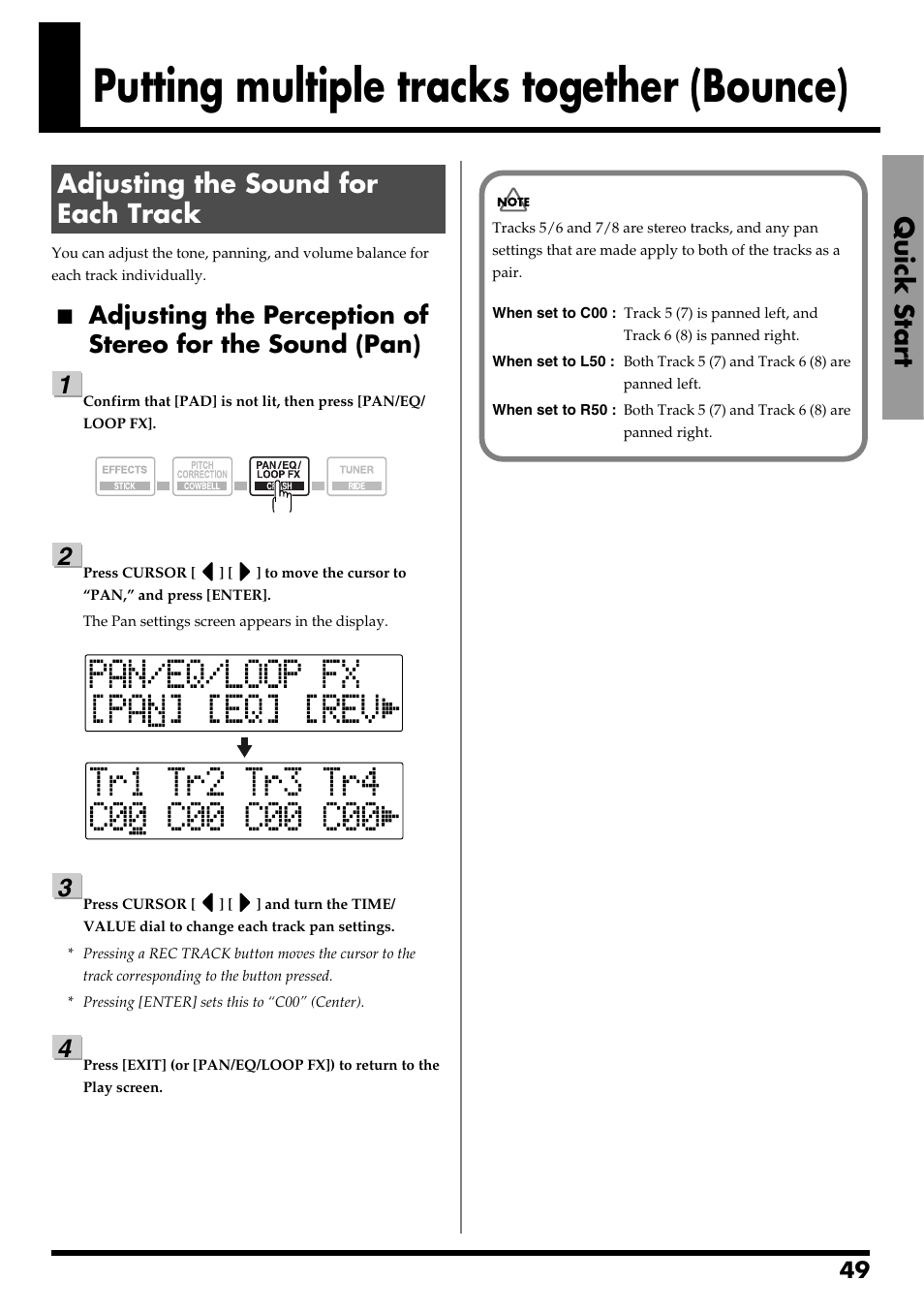 Putting multiple tracks together (bounce), Adjusting the sound for each track, Sounds.(p. 49, p. 56) | Quick start | Boss Audio Systems BR-600 User Manual | Page 49 / 228