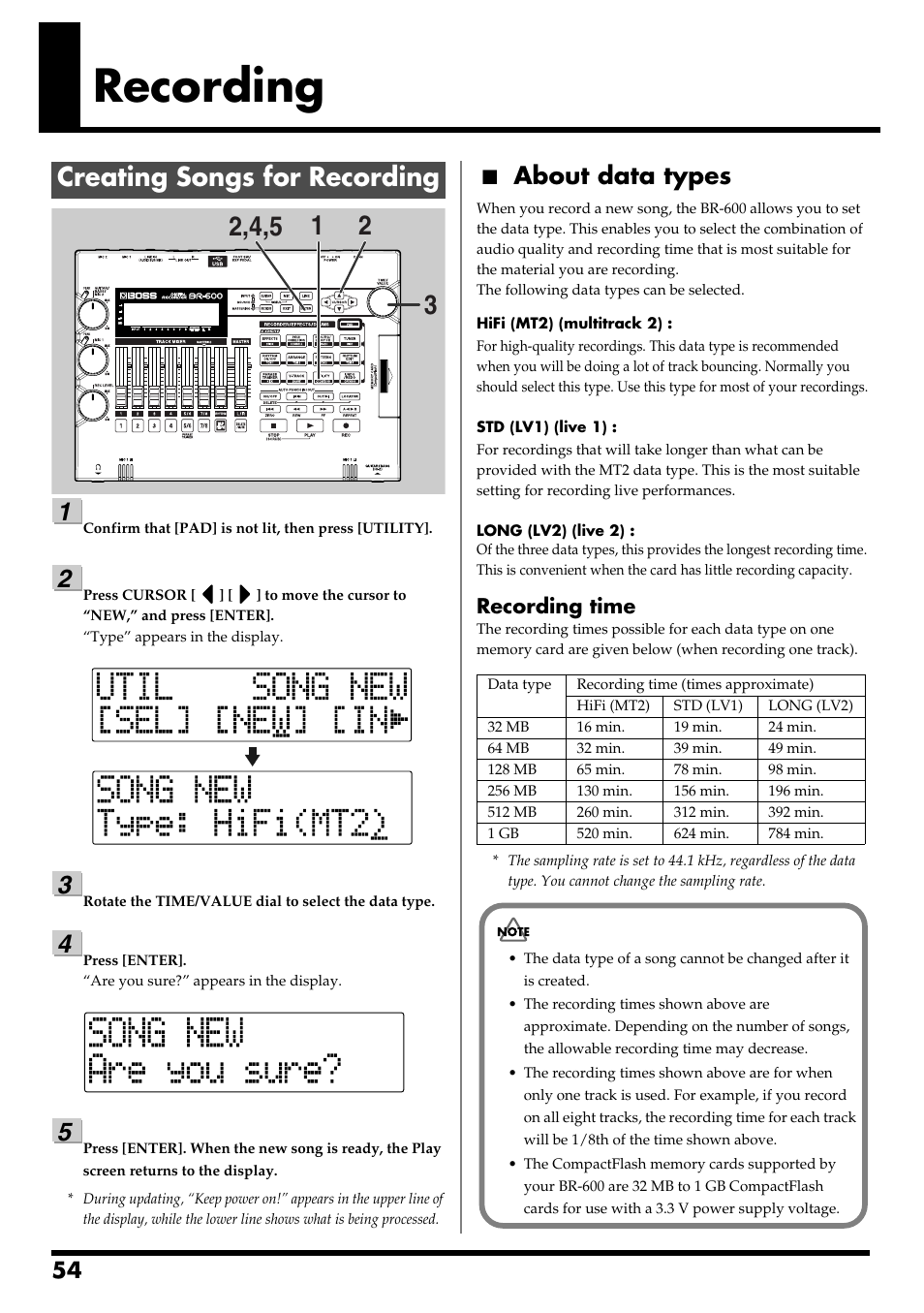 Recording, Creating songs for recording, About data types | Recording” (p. 44, p. 54), Recording” (p. 54), Recording time | Boss Audio Systems BR-600 User Manual | Page 54 / 228
