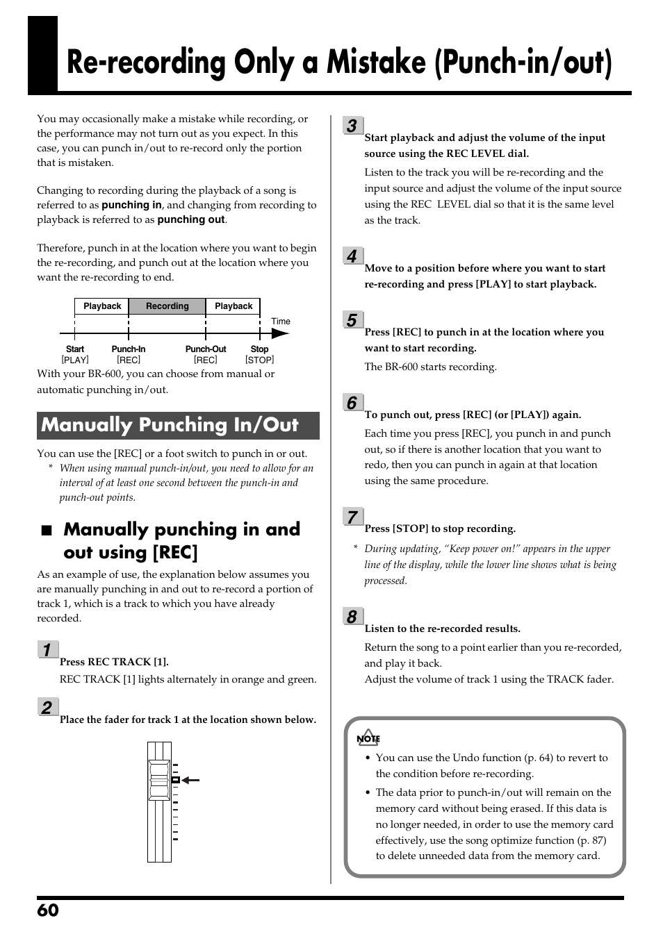 Re-recording only a mistake (punch-in/out), Manually punching in/out, Manually punching in and out using [rec | P. 60) and for practicing and copying phrases, Manually punching in/out” (p. 60) | Boss Audio Systems BR-600 User Manual | Page 60 / 228