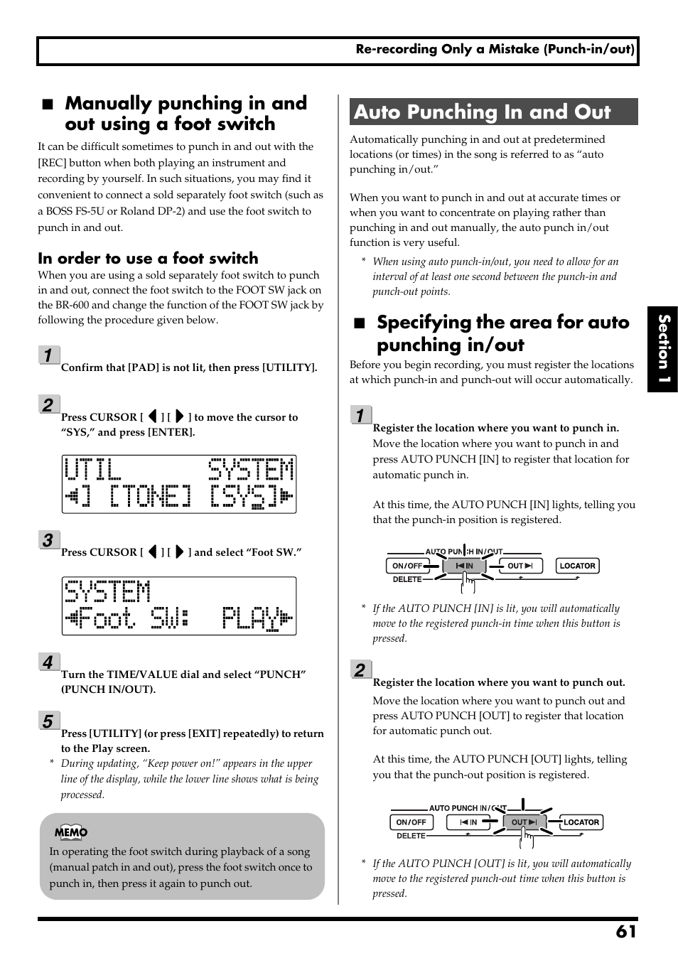 Manually punching in and out using a foot switch, Auto punching in and out, Specifying the area for auto punching in/out | Re v0.10 | Boss Audio Systems BR-600 User Manual | Page 61 / 228