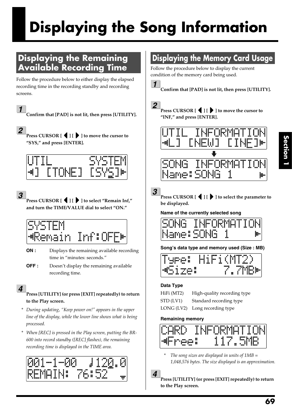Displaying the song information, Displaying the remaining available recording time, Displaying the memory card usage | Boss Audio Systems BR-600 User Manual | Page 69 / 228