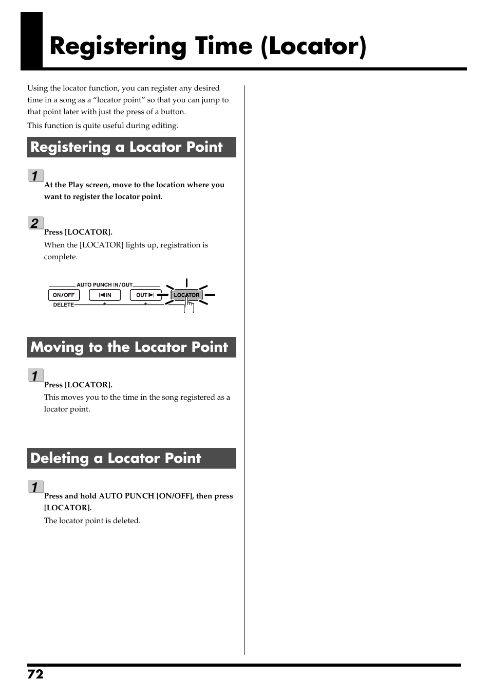 Registering time (locator), Registering a locator point, Moving to the locator point | Deleting a locator point, Registering time (locator)” (p. 72) | Boss Audio Systems BR-600 User Manual | Page 72 / 228