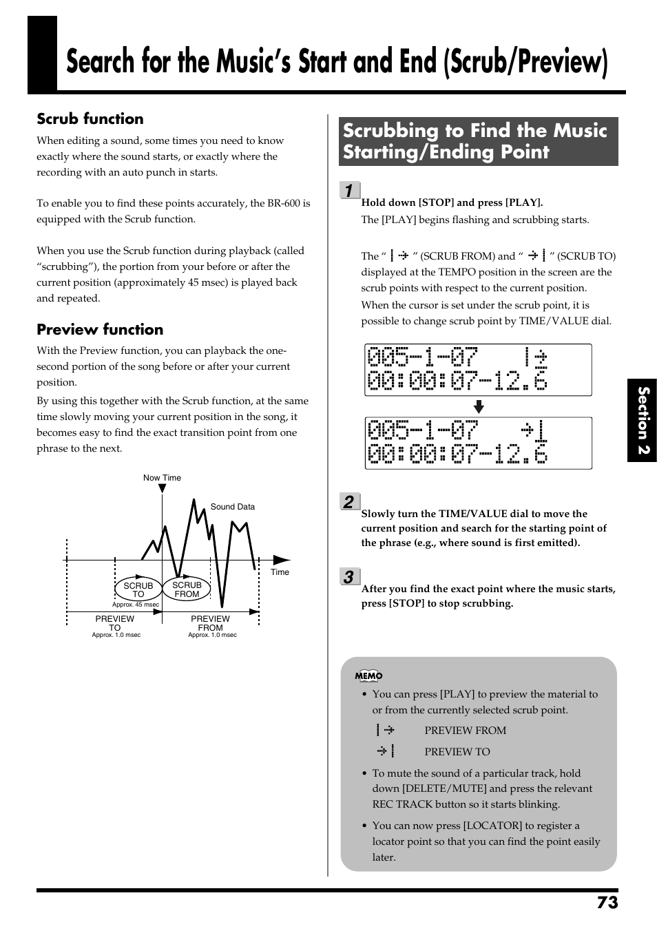 Scrubbing to find the music starting/ending point, Scrubbing to find the music starting/ ending point, Scrub function | Preview function | Boss Audio Systems BR-600 User Manual | Page 73 / 228