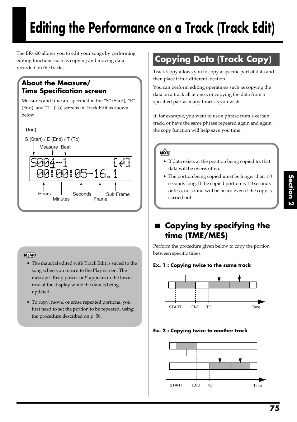 Editing the performance on a track (track edit), Copying data (track copy), Copying by specifying the time (tme/mes) | About the measure/ time specification screen | Boss Audio Systems BR-600 User Manual | Page 75 / 228