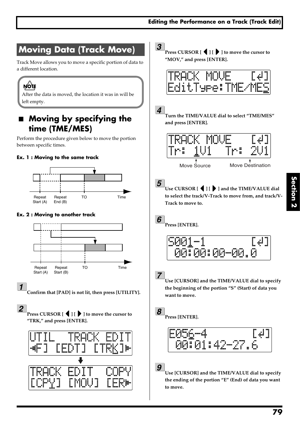 Moving data (track move), Moving by specifying the time (tme/mes), Re v0.10 | Boss Audio Systems BR-600 User Manual | Page 79 / 228