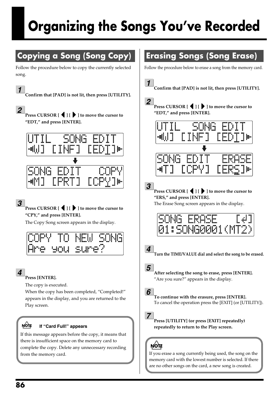 Organizing the songs you’ve recorded, Copying a song (song copy), Erasing songs (song erase) | Boss Audio Systems BR-600 User Manual | Page 86 / 228