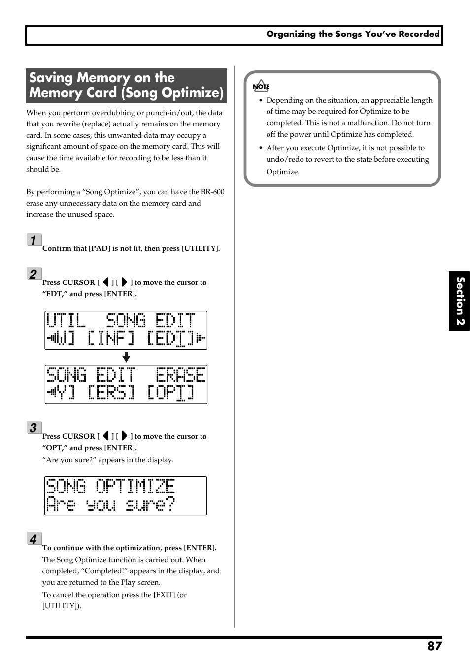 Saving memory on the memory card (song optimize), Re v0.10 | Boss Audio Systems BR-600 User Manual | Page 87 / 228