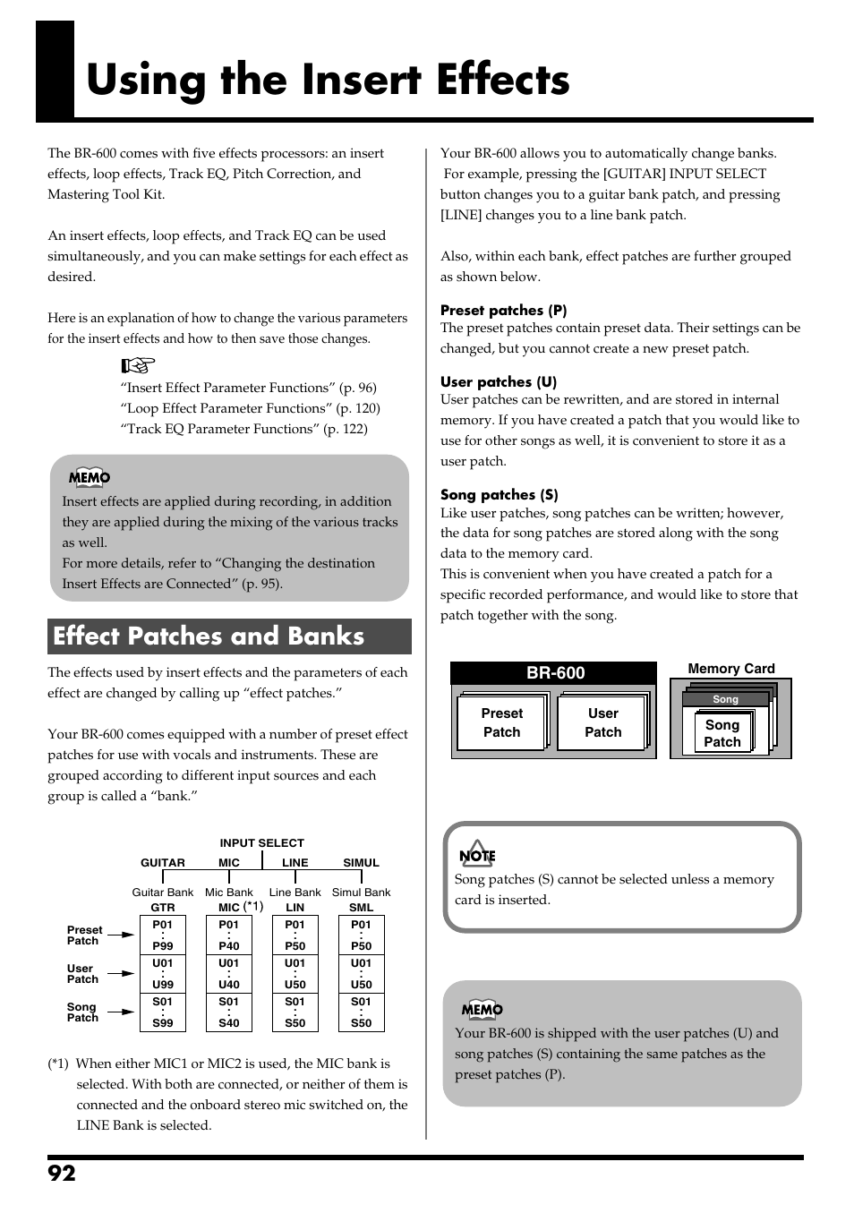 Using the insert effects, Effect patches and banks, Using the insert effects” (p. 92) | Bank (p. 92) changes automatically, Br-600 | Boss Audio Systems BR-600 User Manual | Page 92 / 228