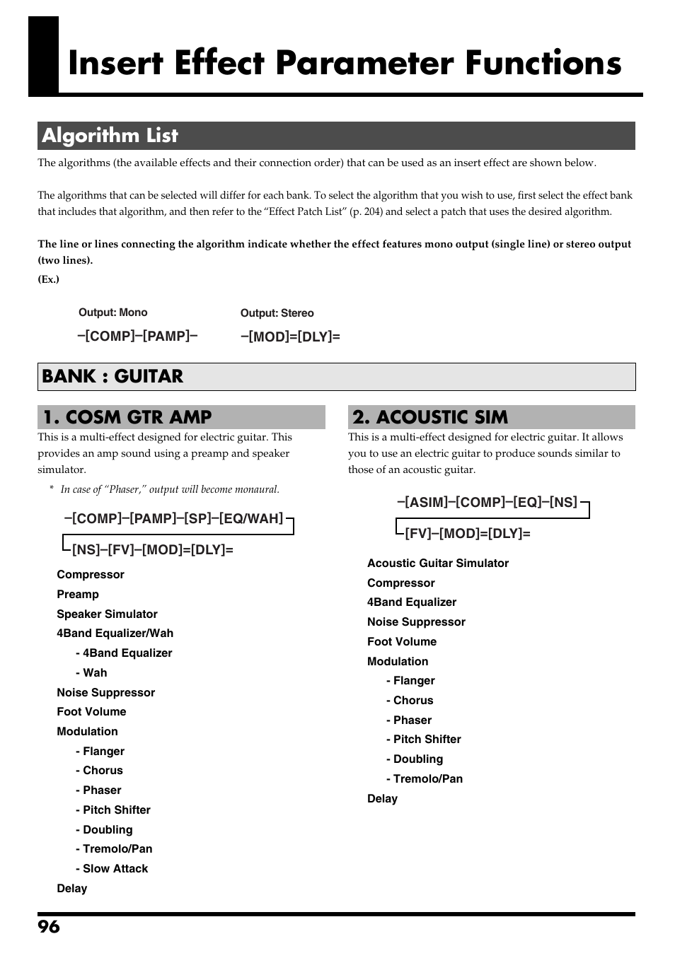 Insert effect parameter functions, Algorithm list, Bank : guitar | Cosm gtr amp, Acoustic sim, Algorithm list” (p. 96), Insert effect parameter functions” (p. 96), Bank : guitar 1. cosm gtr amp | Boss Audio Systems BR-600 User Manual | Page 96 / 228