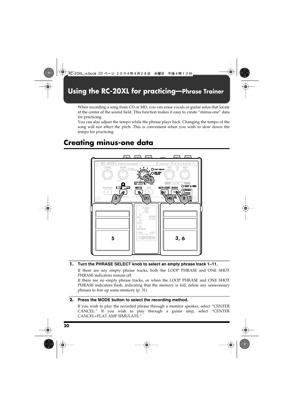 Using the rc-20xl for practicing—phrase trainer, Creating minus-one data, P. 20 | Using the rc-20xl for practicing, Phrase trainer | Boss Audio Systems RC-20XL User Manual | Page 20 / 40