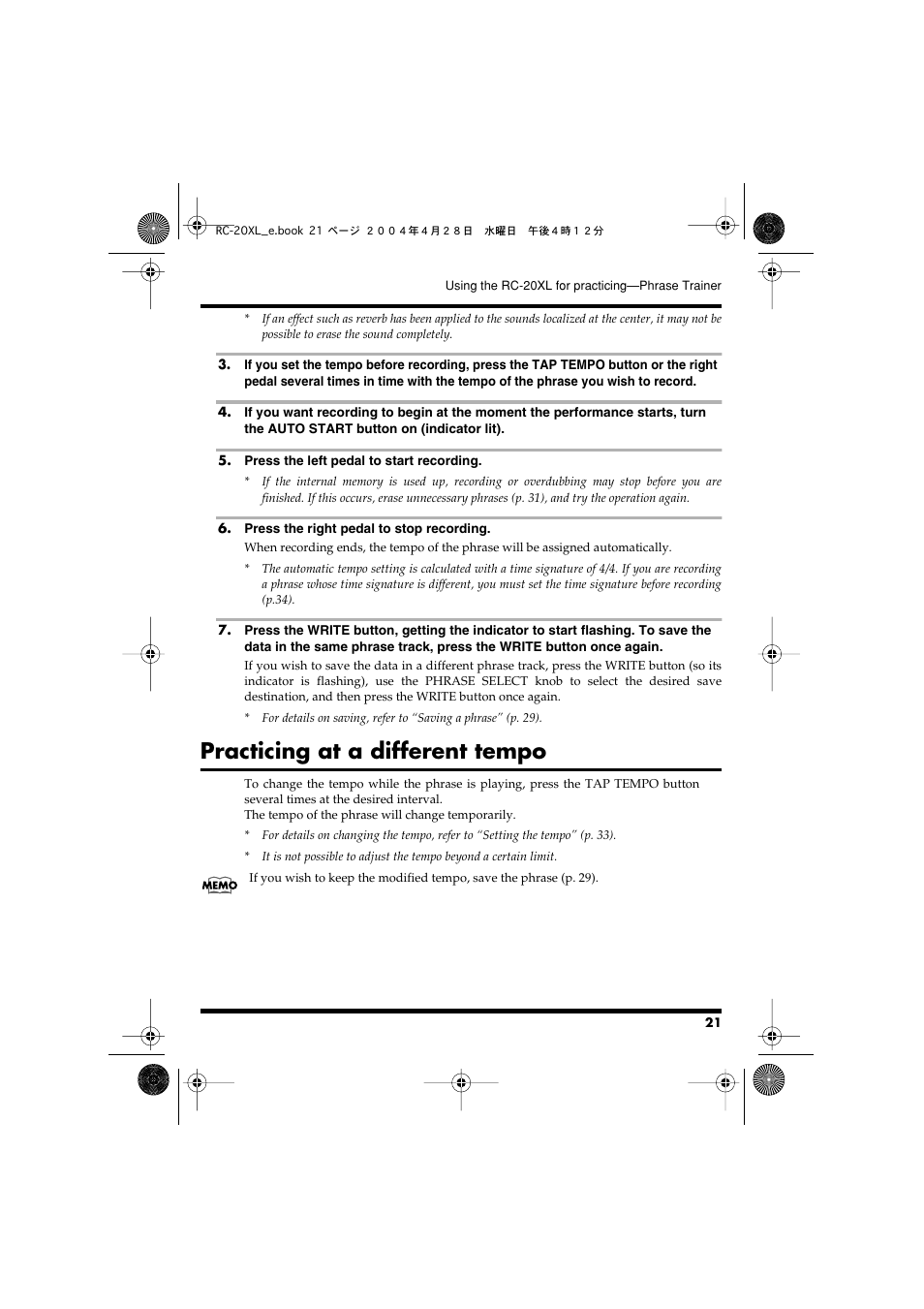 Practicing at a different tempo, P. 21 | Boss Audio Systems RC-20XL User Manual | Page 21 / 40