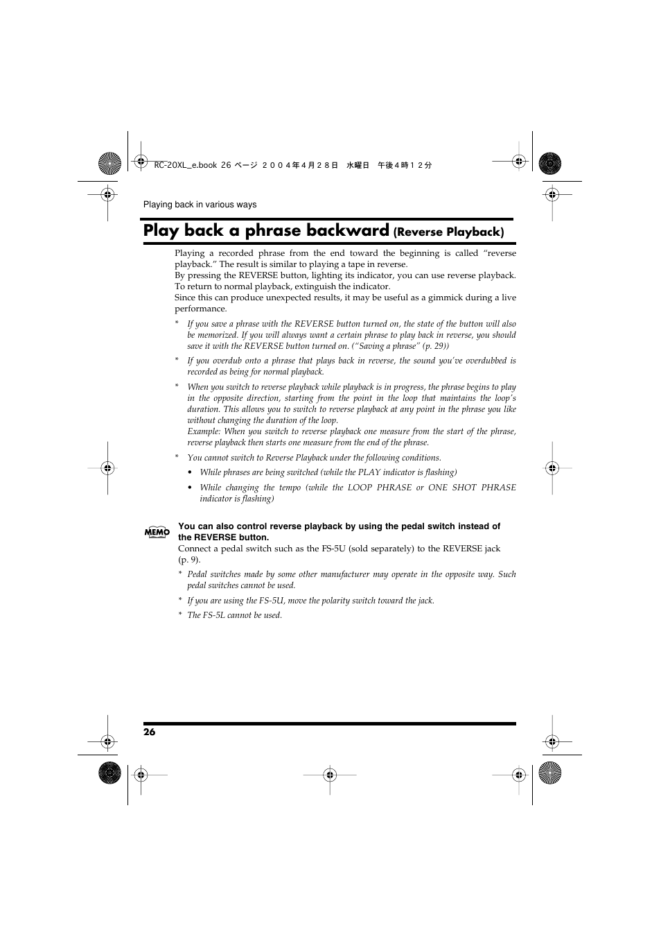 Play back a phrase backward (reverse playback), P. 26, Want the phrase to play back in reverse (p. 26) | Play back a phrase backward | Boss Audio Systems RC-20XL User Manual | Page 26 / 40
