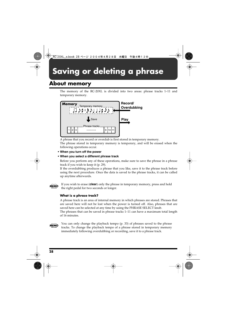 Saving or deleting a phrase, About memory, Temporary memory; p. 28) | Boss Audio Systems RC-20XL User Manual | Page 28 / 40