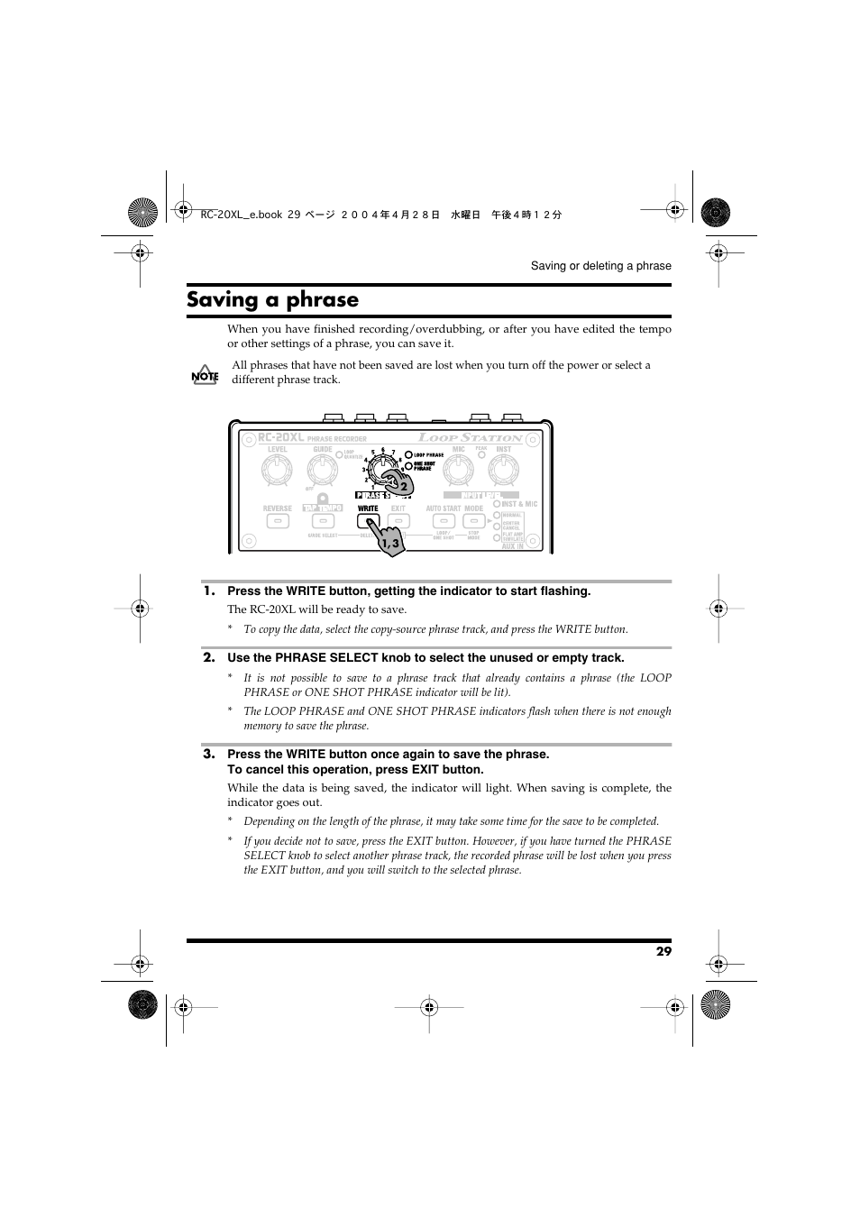 Saving a phrase, Phrase into internal memory (p. 29) | Boss Audio Systems RC-20XL User Manual | Page 29 / 40