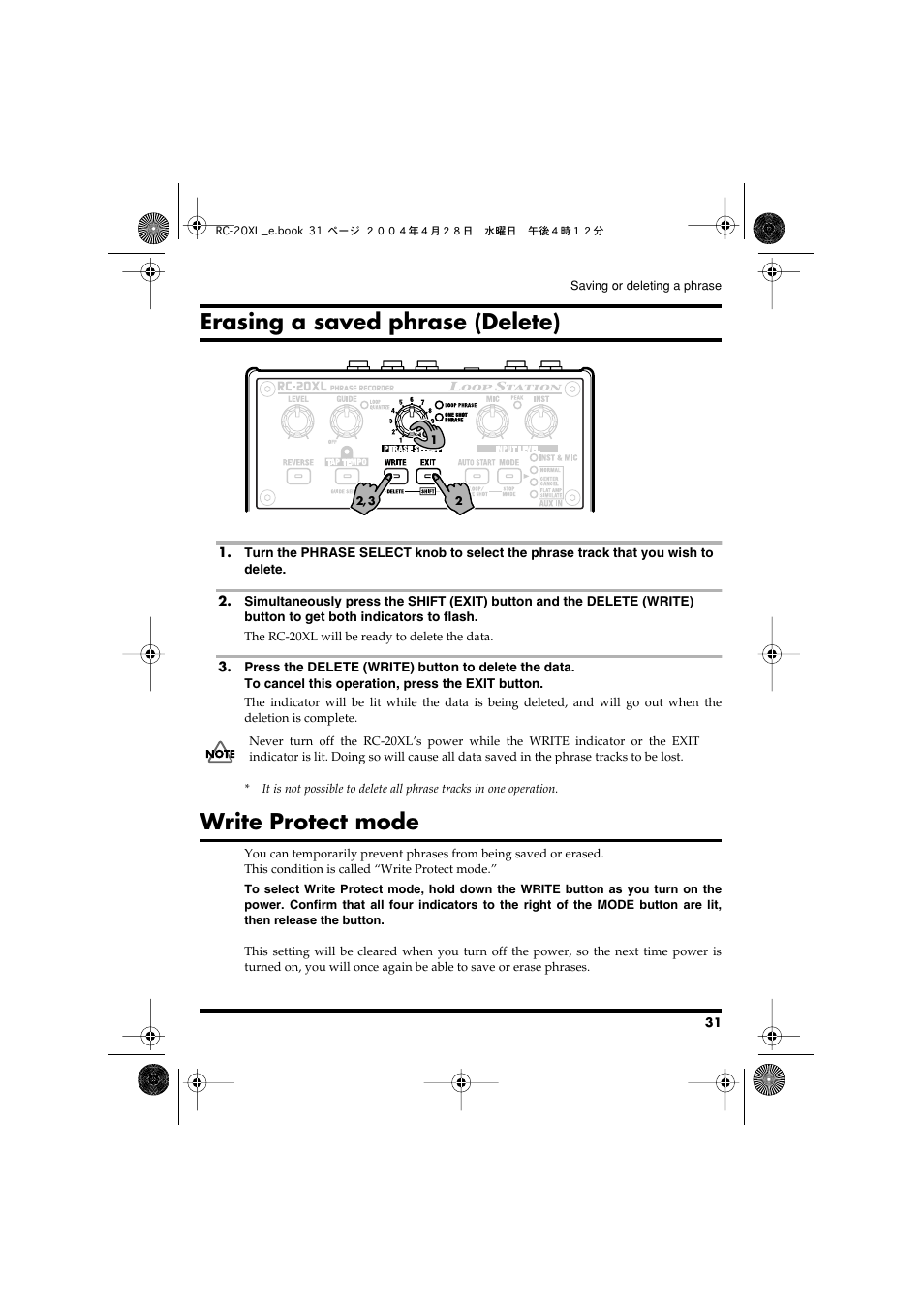 Erasing a saved phrase (delete), Write protect mode, Phrases to free up some memory (p. 31) | Phrases (p. 31), and try the operation again | Boss Audio Systems RC-20XL User Manual | Page 31 / 40