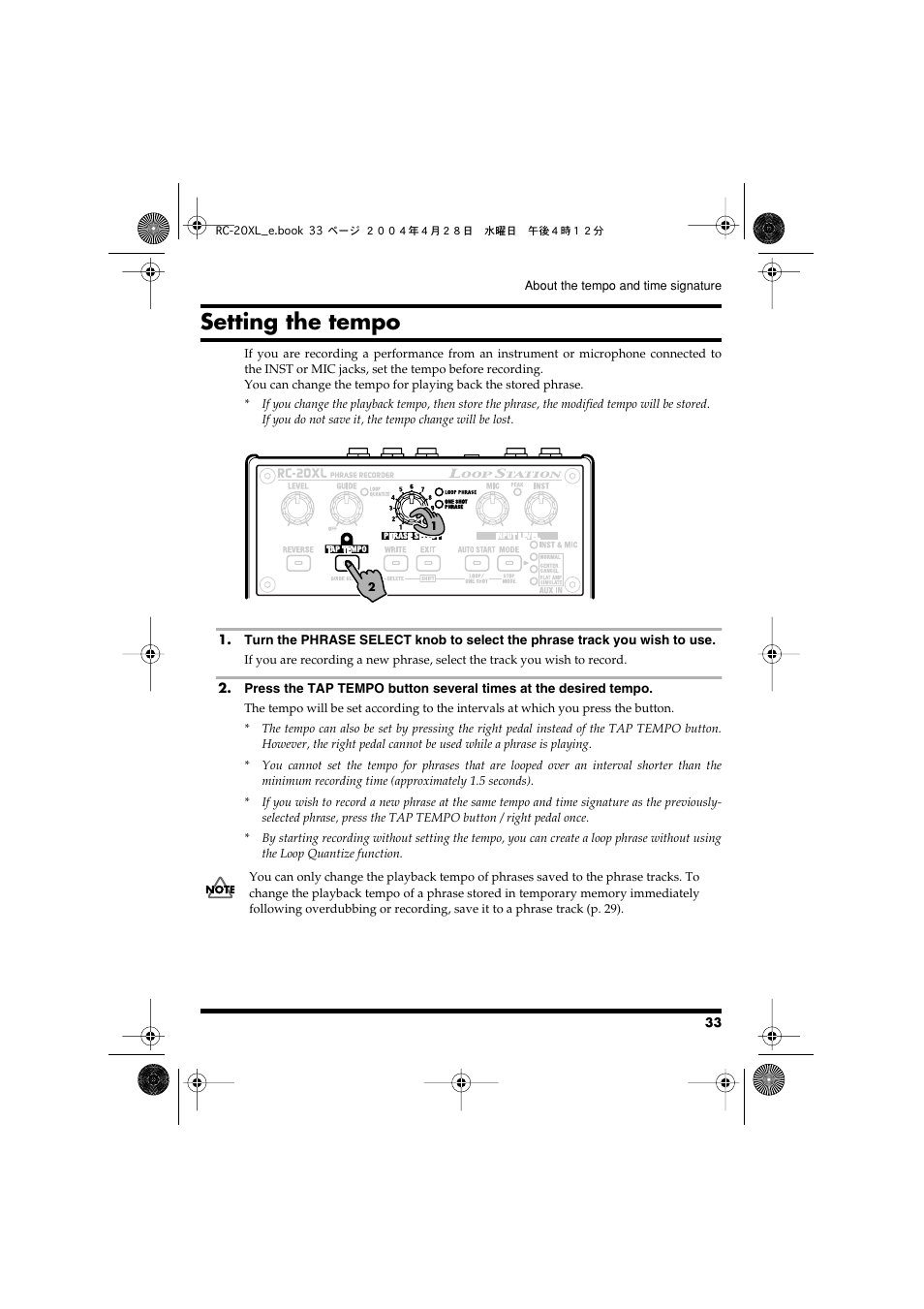 Setting the tempo, You press the button (p. 33), Setting the tempo” (p. 33) | Boss Audio Systems RC-20XL User Manual | Page 33 / 40