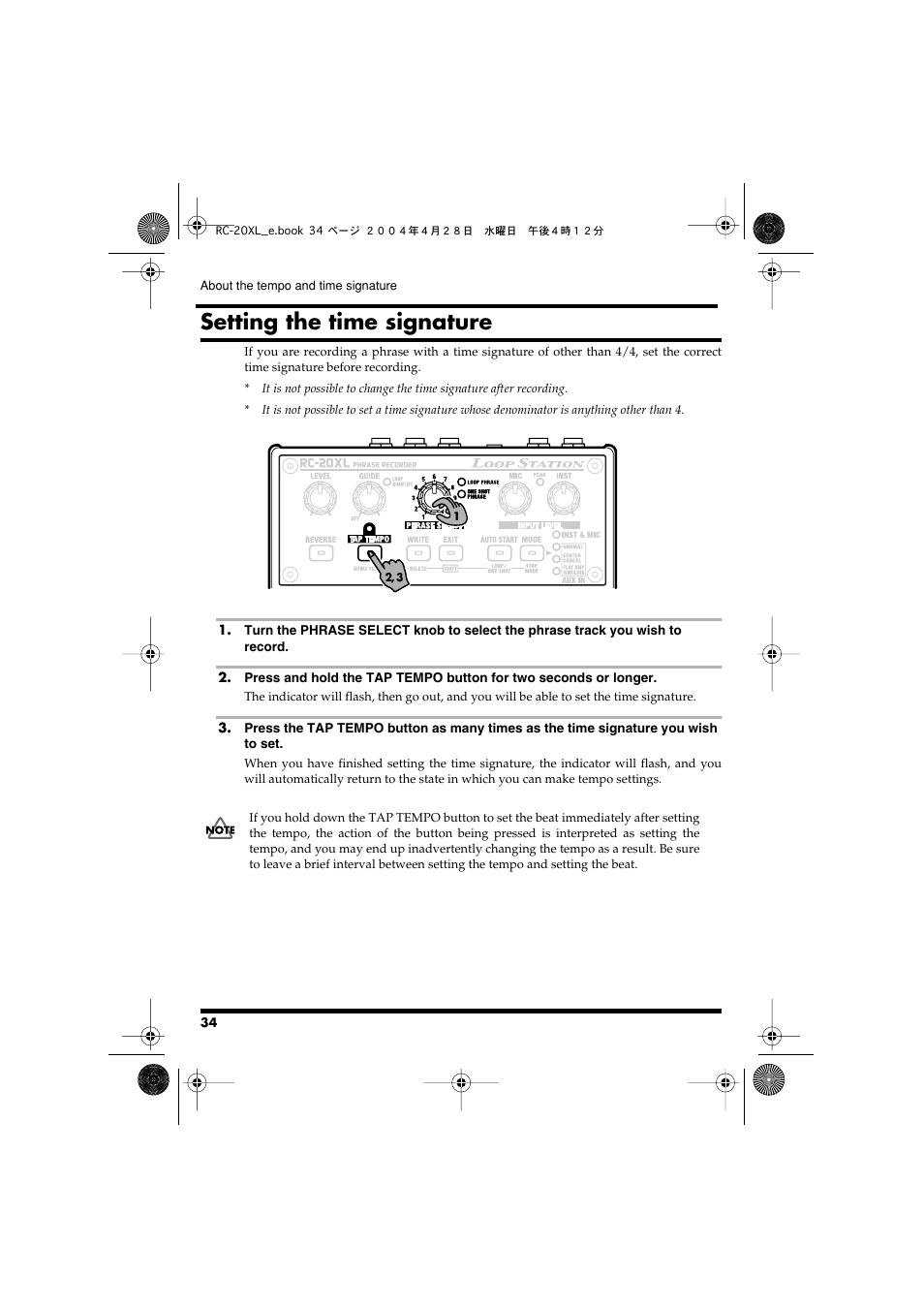 Setting the time signature, Time signature (p. 34), The time signature (p. 34) | Recording (p. 34), P.34) | Boss Audio Systems RC-20XL User Manual | Page 34 / 40