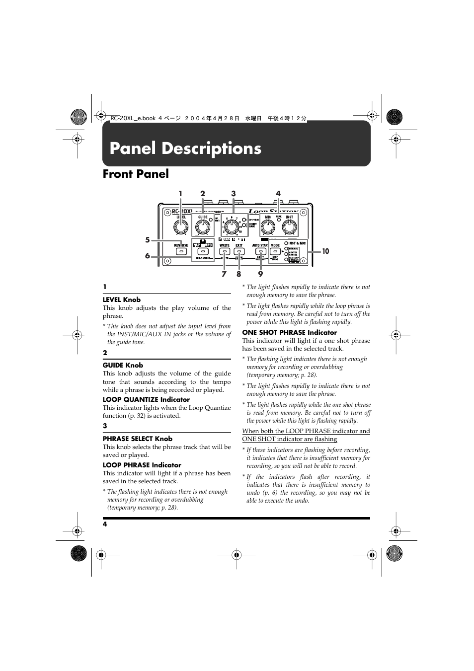 Panel descriptions, Front panel | Boss Audio Systems RC-20XL User Manual | Page 4 / 40