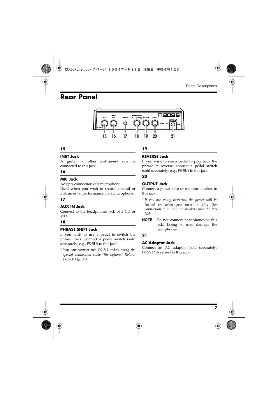 Rear panel | Boss Audio Systems RC-20XL User Manual | Page 7 / 40