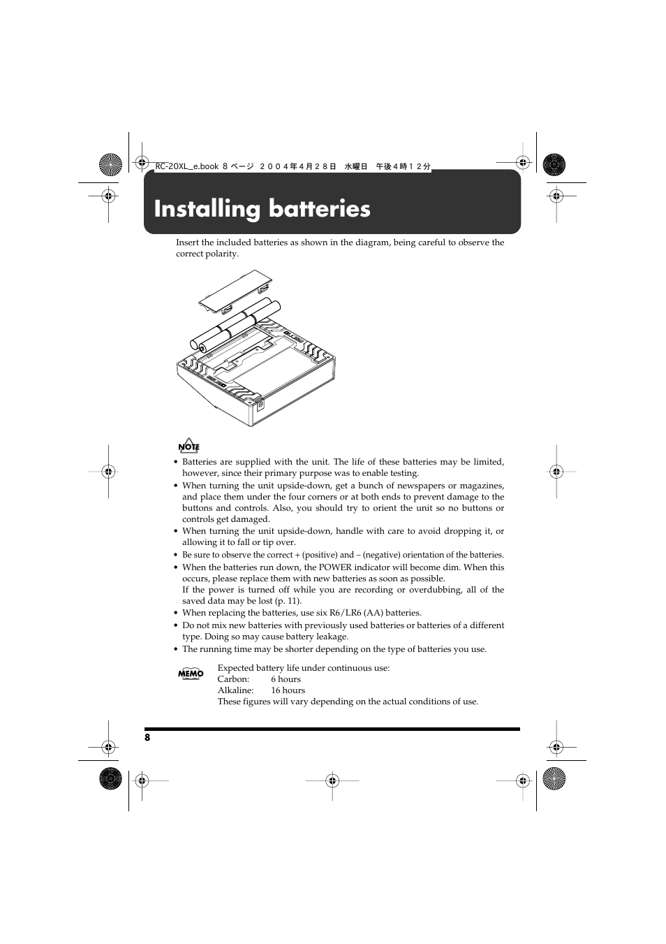 Installing batteries | Boss Audio Systems RC-20XL User Manual | Page 8 / 40