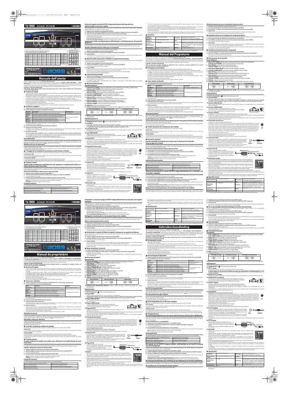 Manuale dell’utente, Manual del propietario, Manual do proprietário | Gebruikershandleiding | Boss Audio Systems TU-1000 User Manual | Page 2 / 2
