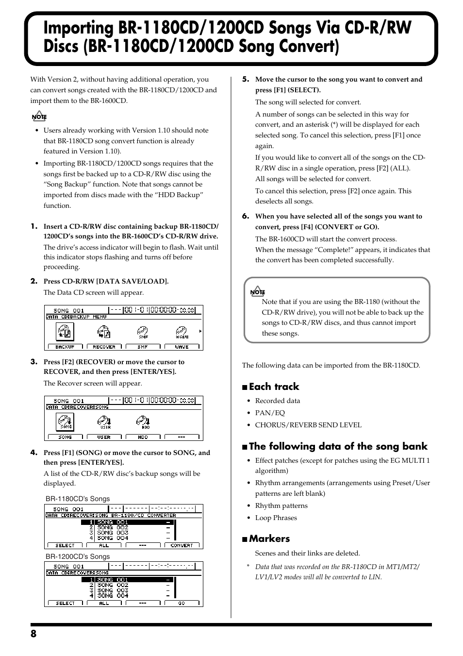 Each track, The following data of the song bank, Markers | Boss Audio Systems BR-1600CD User Manual | Page 8 / 12