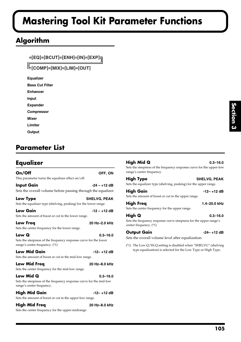 Mastering tool kit parameter functions, Algorithm, Parameter list | Equalizer | Boss Audio Systems BR-900CD User Manual | Page 105 / 232