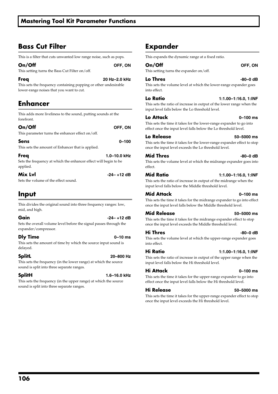 Bass cut filter, Enhancer, Input | Expander, 106 mastering tool kit parameter functions | Boss Audio Systems BR-900CD User Manual | Page 106 / 232