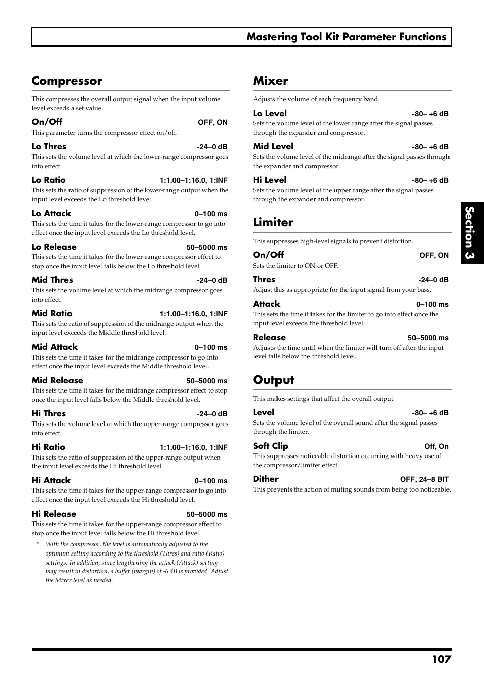 Compressor, Mixer, Limiter | Output, 107 mastering tool kit parameter functions | Boss Audio Systems BR-900CD User Manual | Page 107 / 232