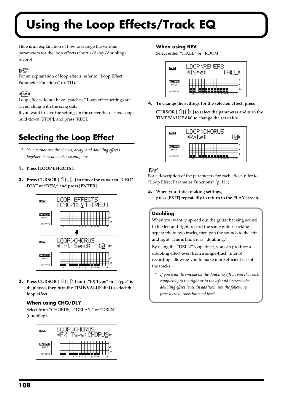 Using the loop effects/track eq, Selecting the loop effect, Using the loop effects/track eq” (p. 108) | Boss Audio Systems BR-900CD User Manual | Page 108 / 232