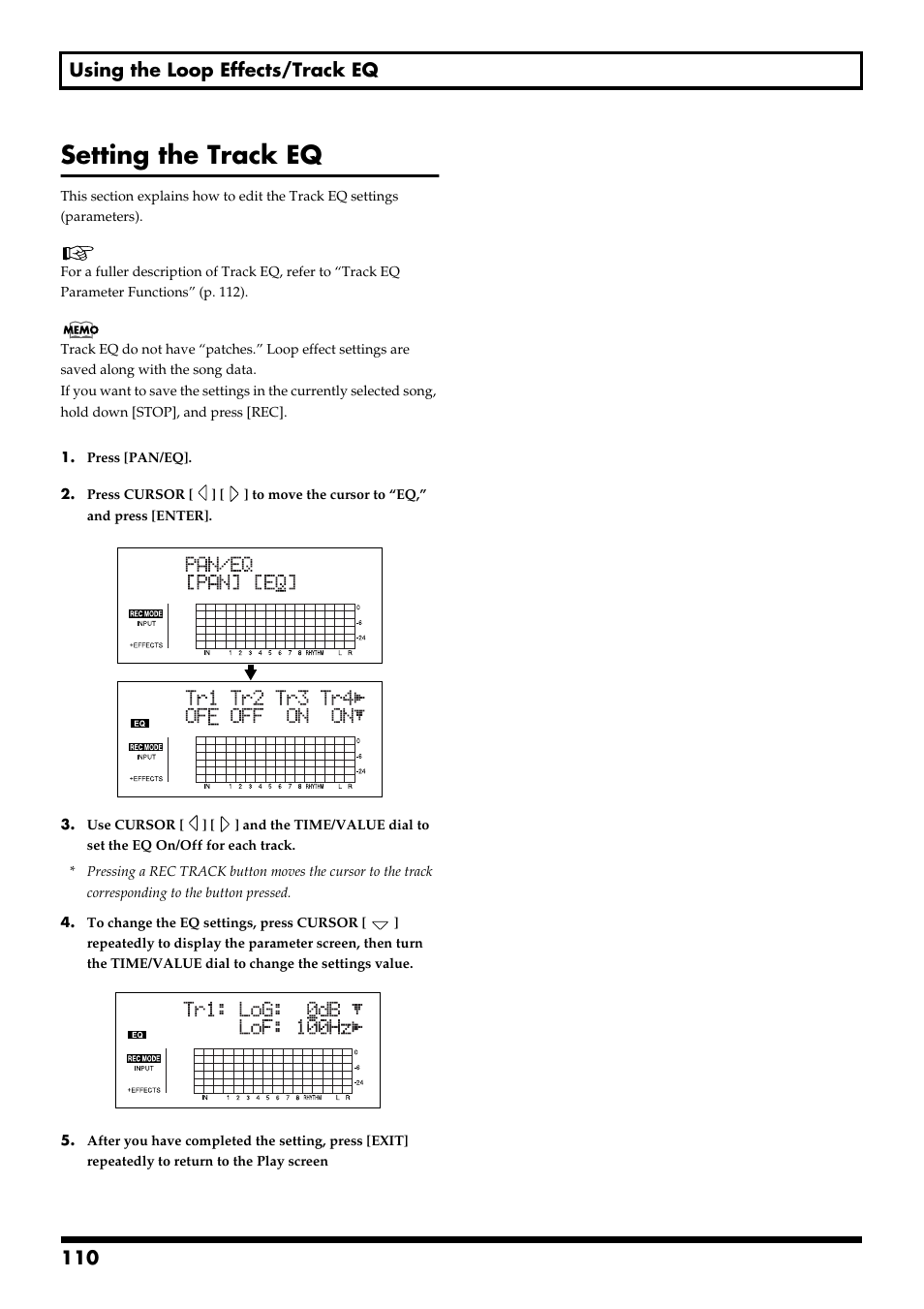 Setting the track eq, P. 110), 110 using the loop effects/track eq | Boss Audio Systems BR-900CD User Manual | Page 110 / 232