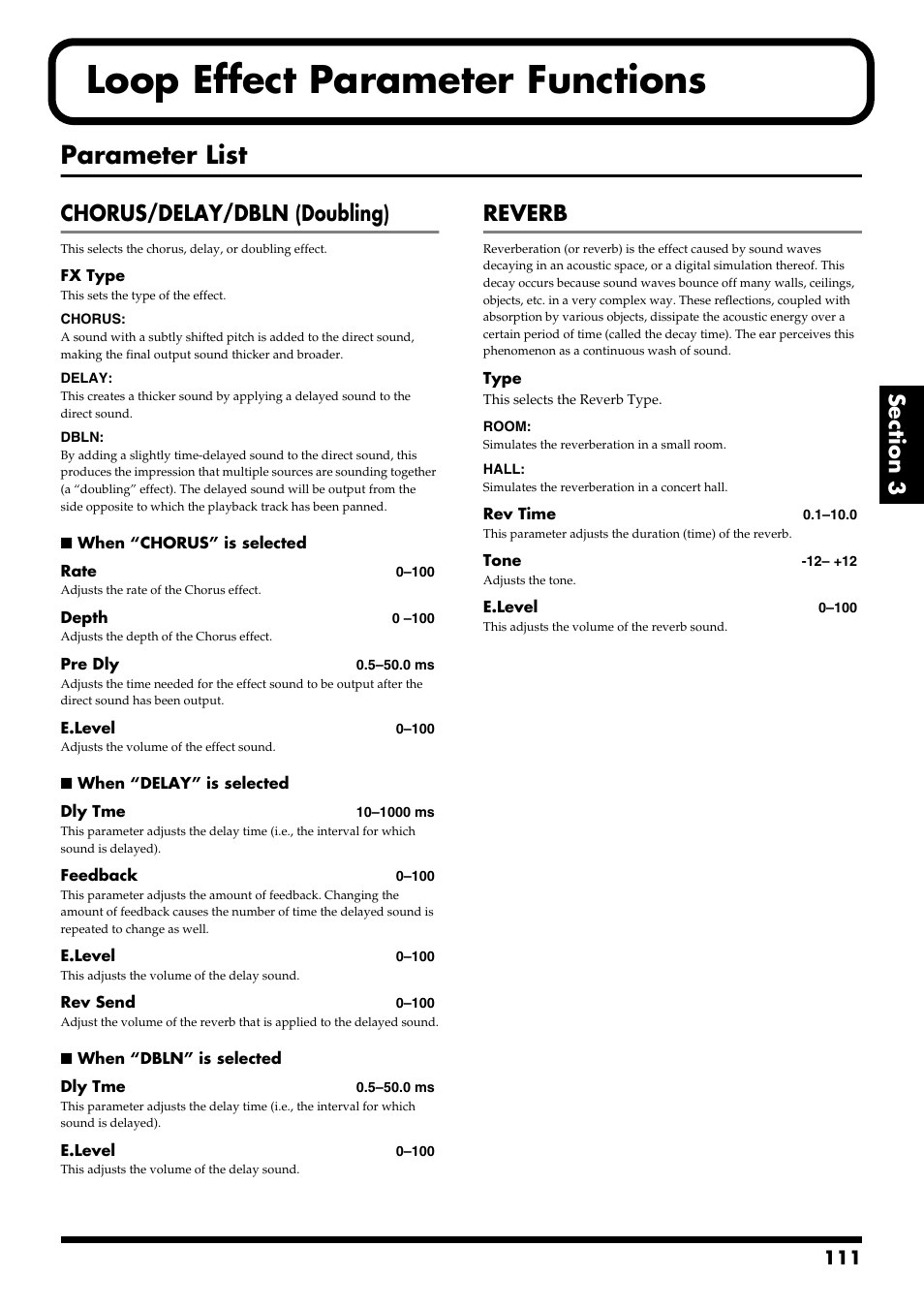 Loop effect parameter functions, Parameter list, Chorus/delay/dbln (doubling) | Reverb, Loop effect parameter functions” (p. 111) | Boss Audio Systems BR-900CD User Manual | Page 111 / 232