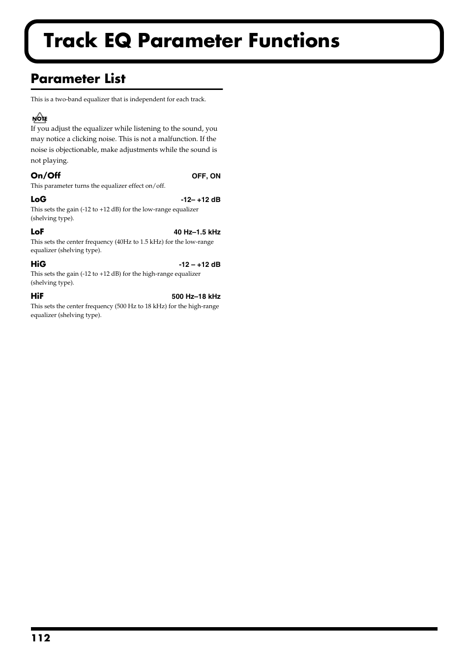 Track eq parameter functions, Parameter list, Track eq parameter functions” (p. 112) | Boss Audio Systems BR-900CD User Manual | Page 112 / 232